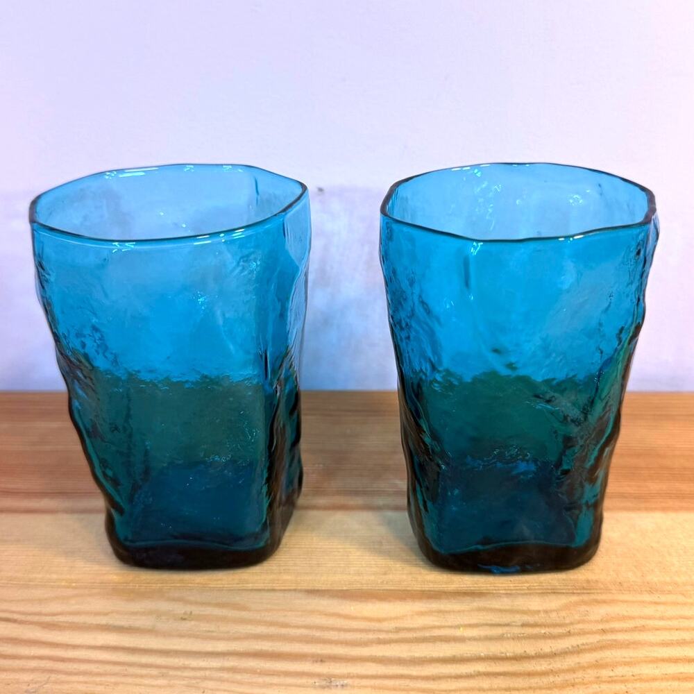 Vintage Anchor Hocking Milano Lido Aqua Blue 12oz Tumblers Set of 2 MCM